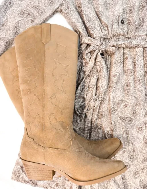 shoes Zahara Embroidered Suede Tall Western Boots Zen + Zeus Clothing Co. $68