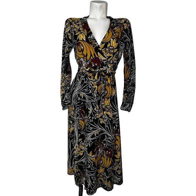 dress Zara Black Gold Burgundy Floral Print Ls Wrap Dress Open Back Midi eBay - berryfine $32.99