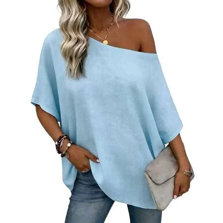 one shoulder top Zynoxe Linen Blouses for Women Trendy Solid Color One Shoulder Summer Tops Casual Short Sleeve Tops for Women Walmart - youjiaa $13.99