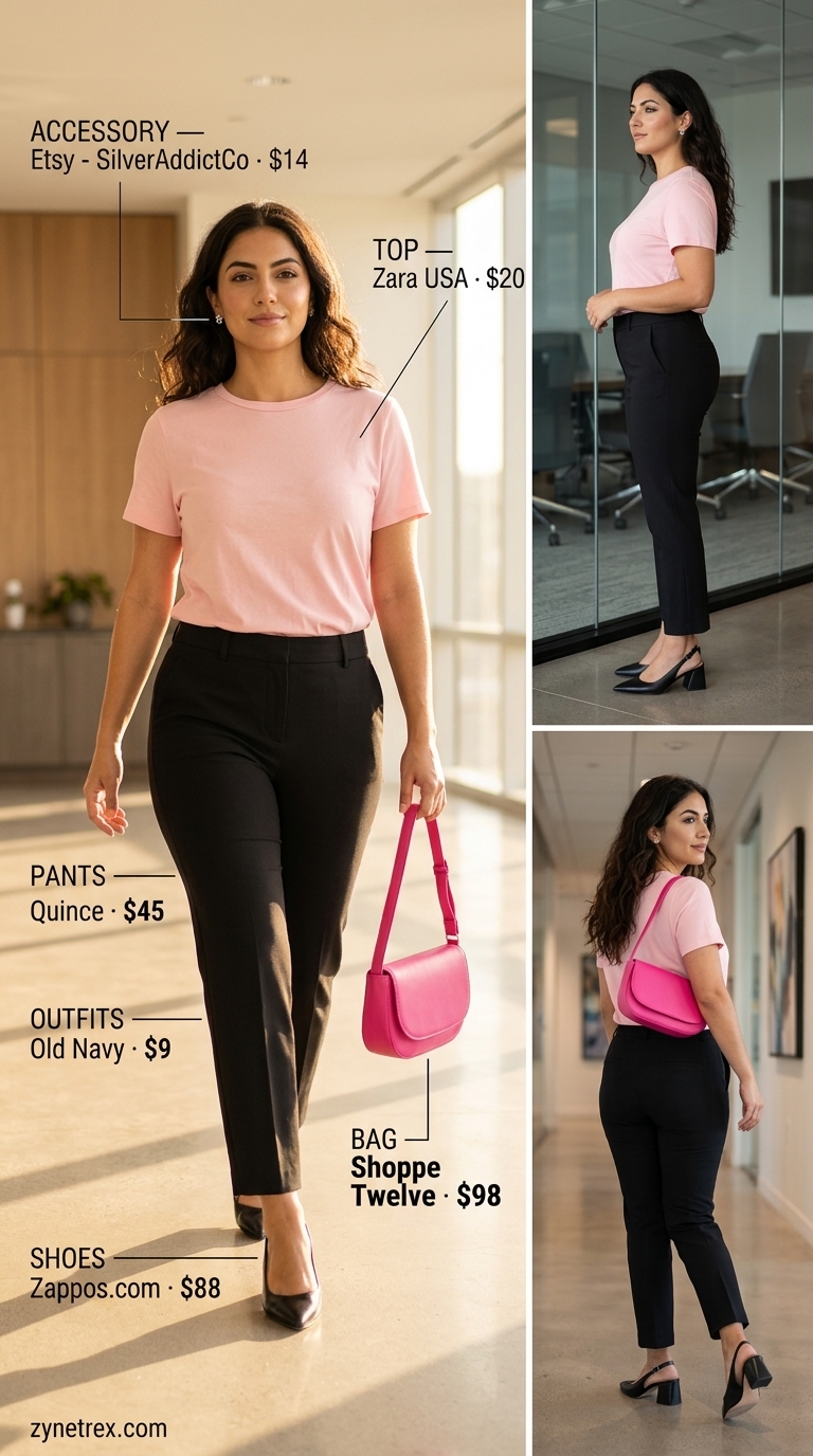 Professional summer work outfits for women 2026: Black trousers, white knit top, fuchsia bag, and slingbacks.