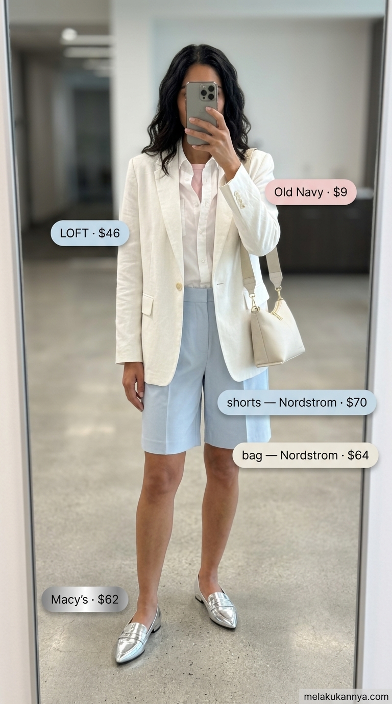 Professional summer work outfits for women 2026: Sky blue shorts, white shirt, silver loafers for a casual Friday.