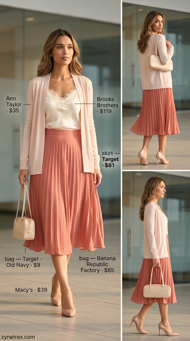 Blush pink A-line skirt, white knit top, and nude pumps for professional summer work outfits for women 2026.