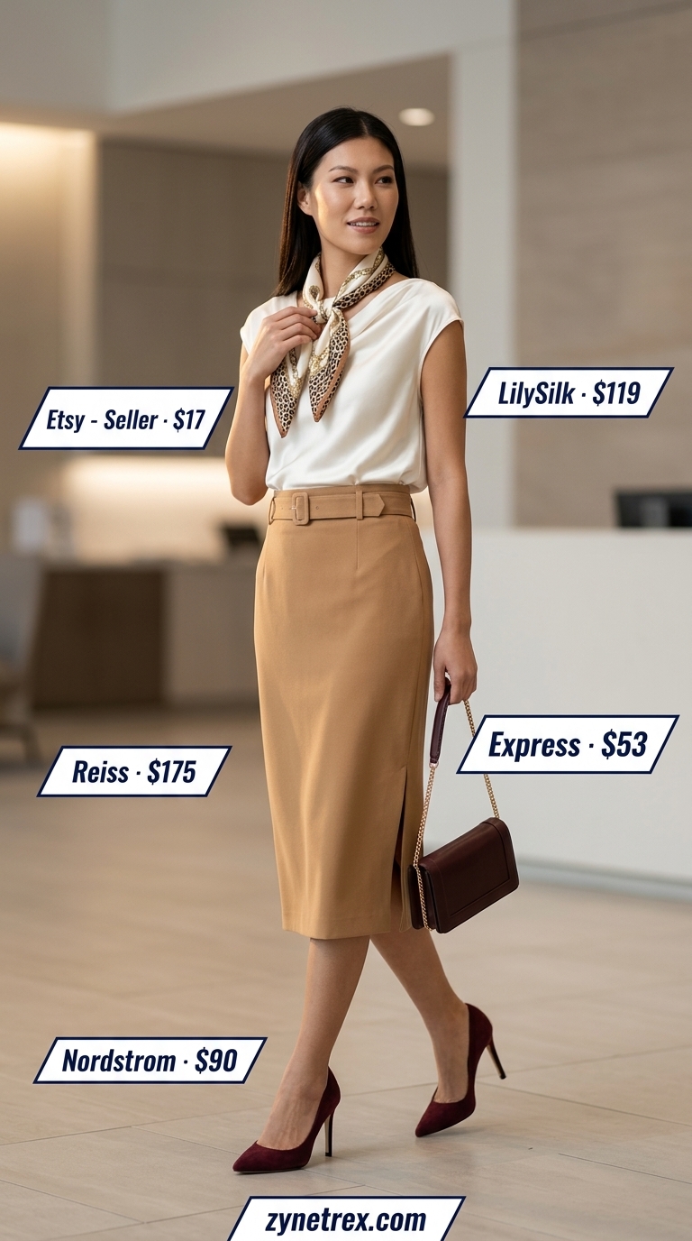 Professional summer work outfits for women 2026: Camel pencil skirt, ivory blouse, burgundy pumps.