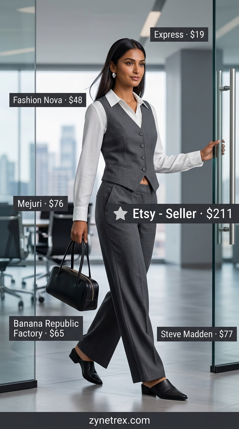 Charcoal gray vest and shorts set with white tee for professional summer work outfits for women 2026.