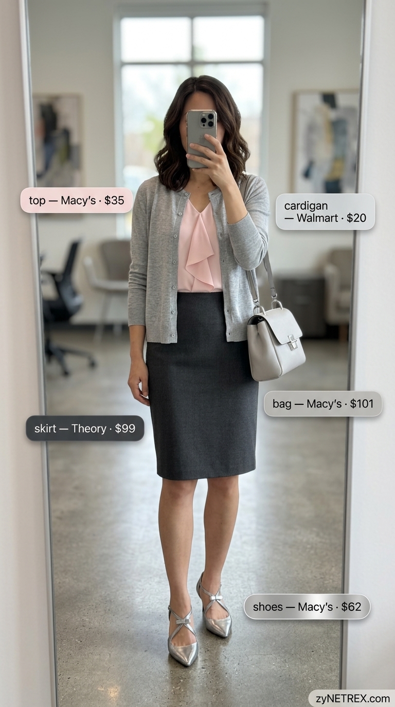 Professional summer work outfits for women 2026: Charcoal pencil skirt, blush blouse, pewter pumps.