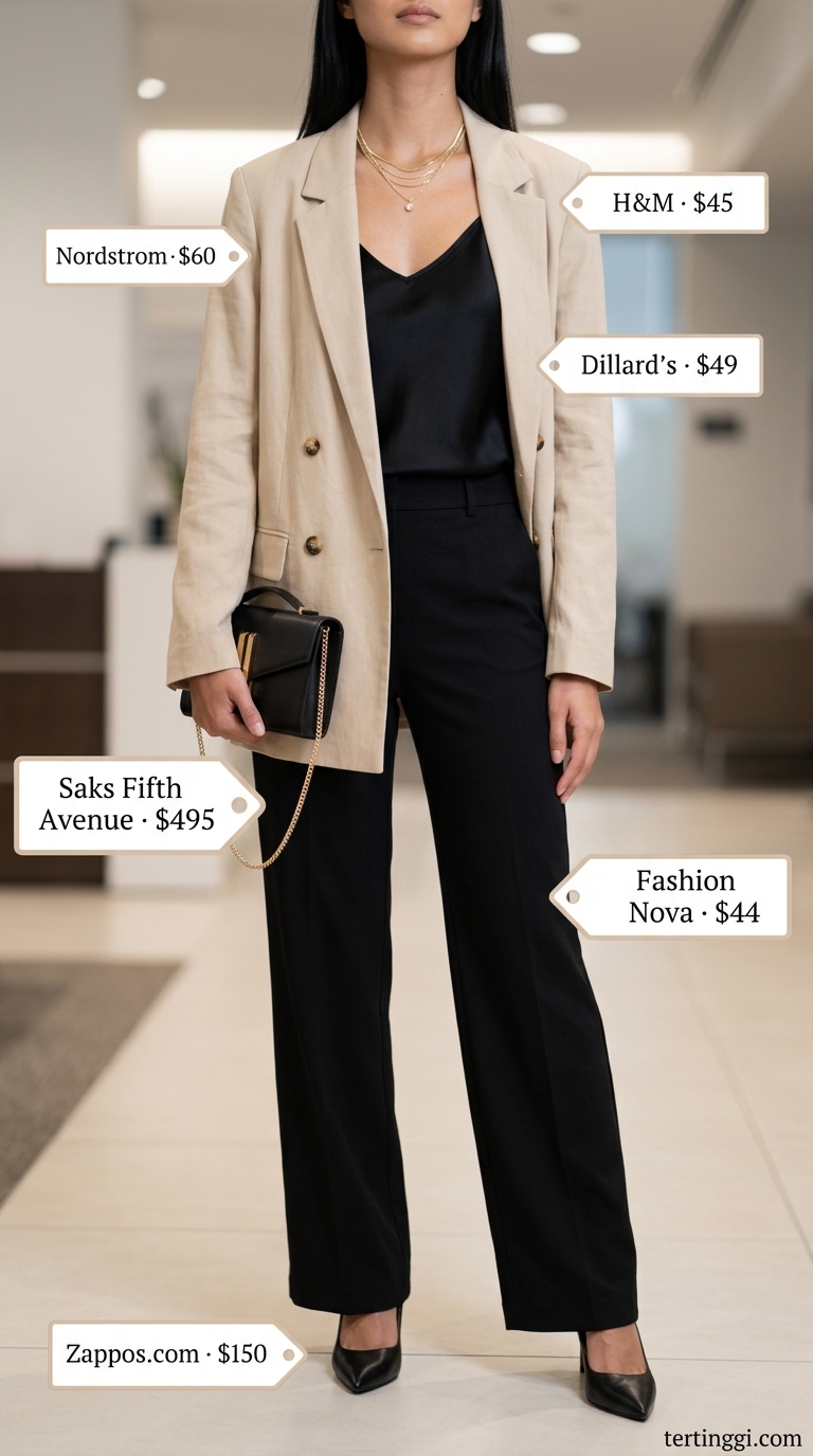 Sand beige linen blazer, black trousers, and silk camisole for professional summer work outfits for women 2026.