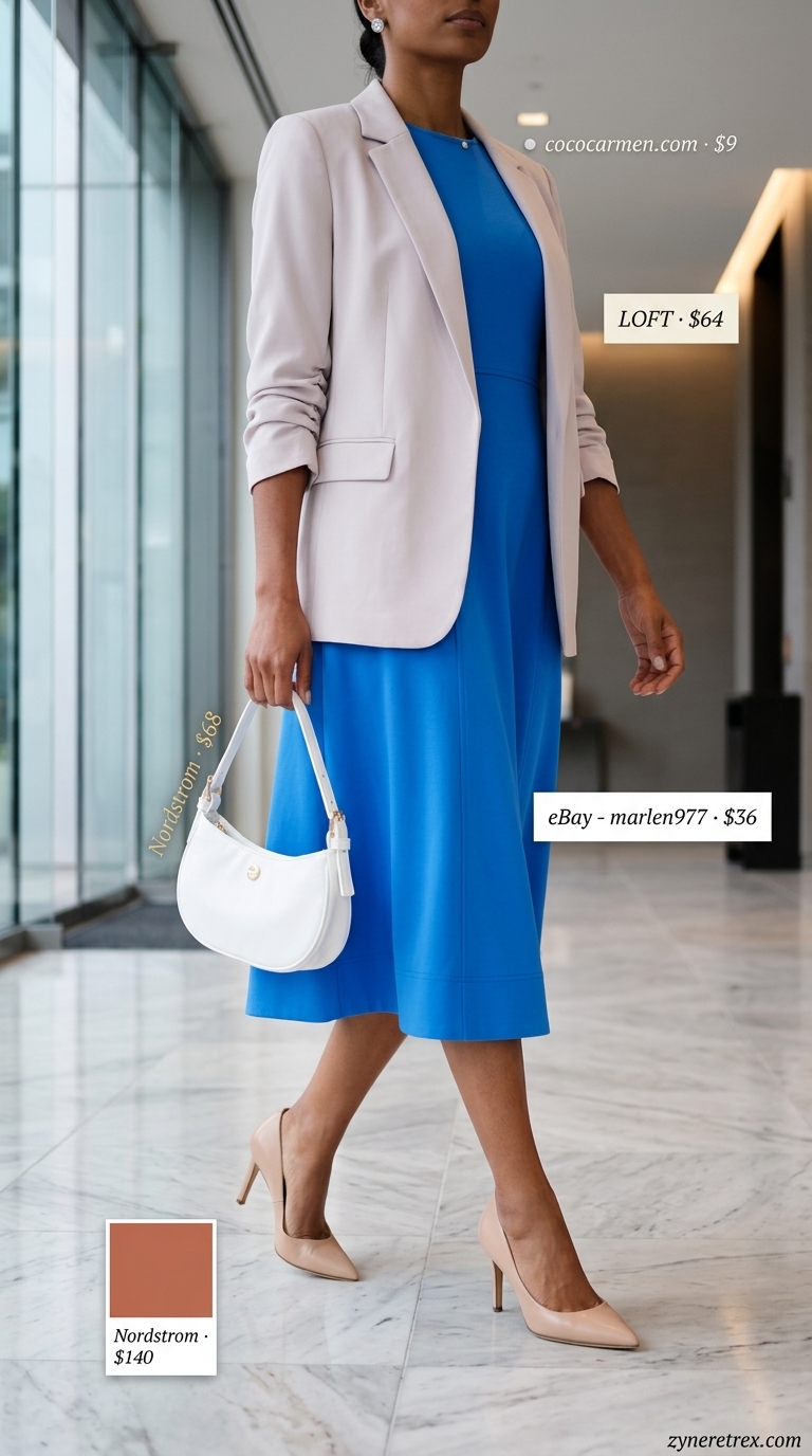 Professional summer work outfits for women 2026: Cobalt blue dress, white blazer, nude pumps for a bold statement.