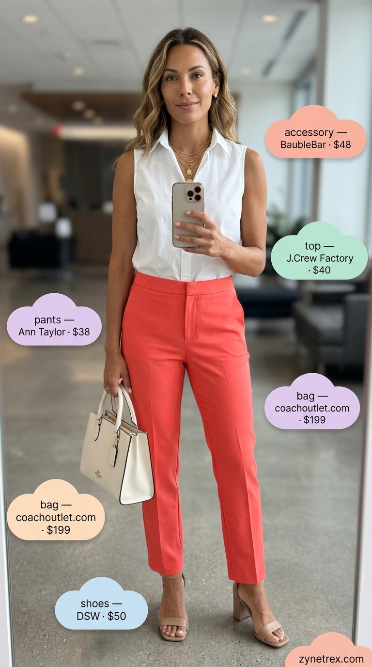 Professional summer work outfits for women 2026: Coral pants, white shirt, nude sandals for a creative office.