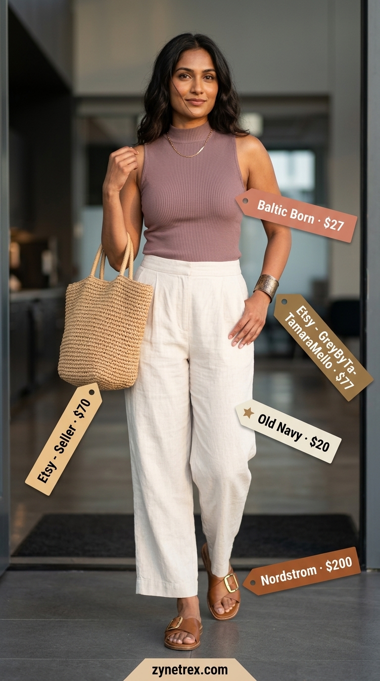 Professional summer work outfits for women 2026: Terracotta top, cream linen pants, and woven tote.