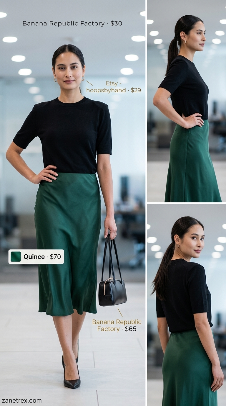 Emerald green pleated skirt, black knit top, and gold earrings for professional summer work outfits for women 2026.
