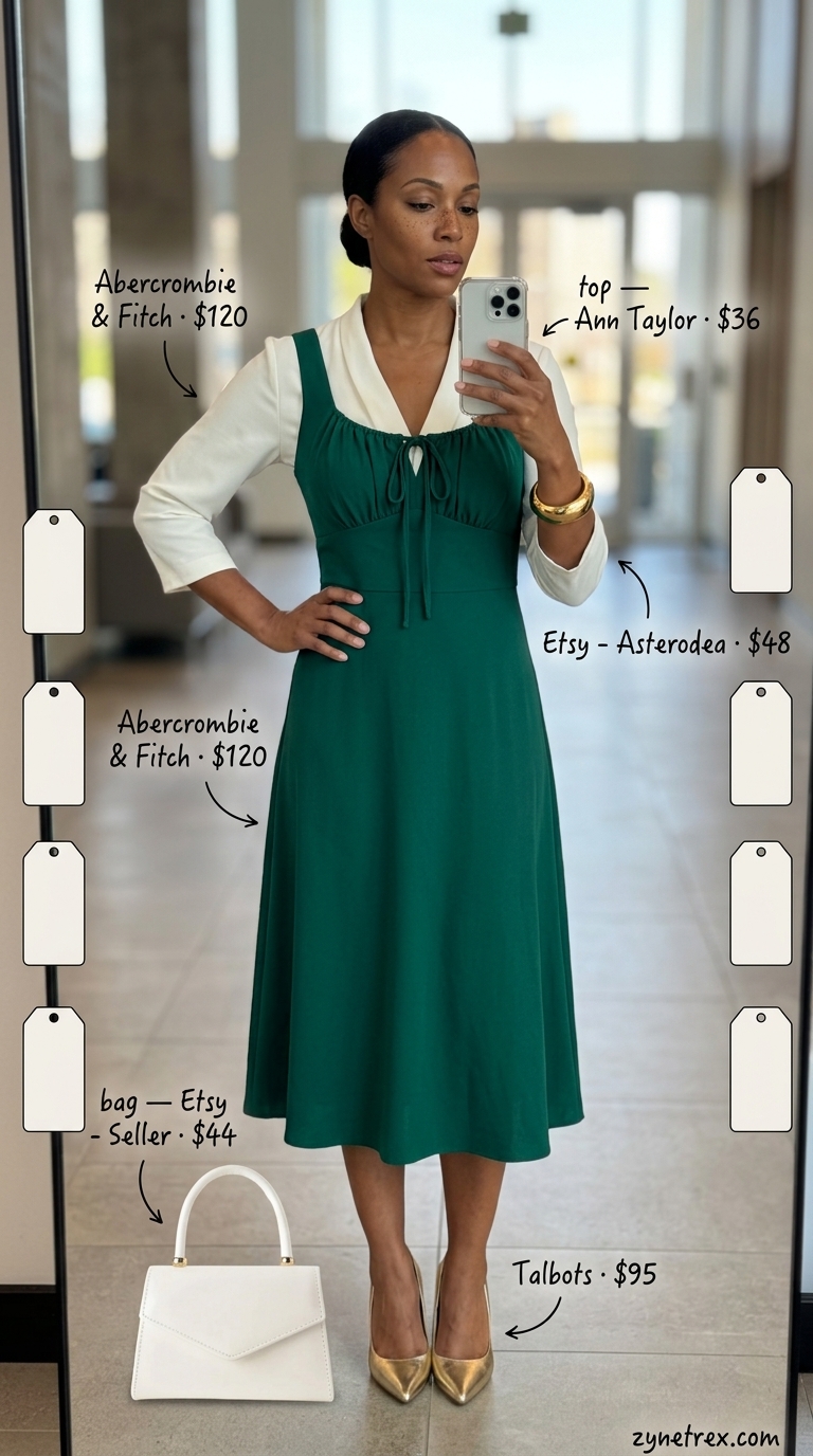 Professional summer work outfits for women 2026: Emerald skirt, white blouse, metallic pumps.