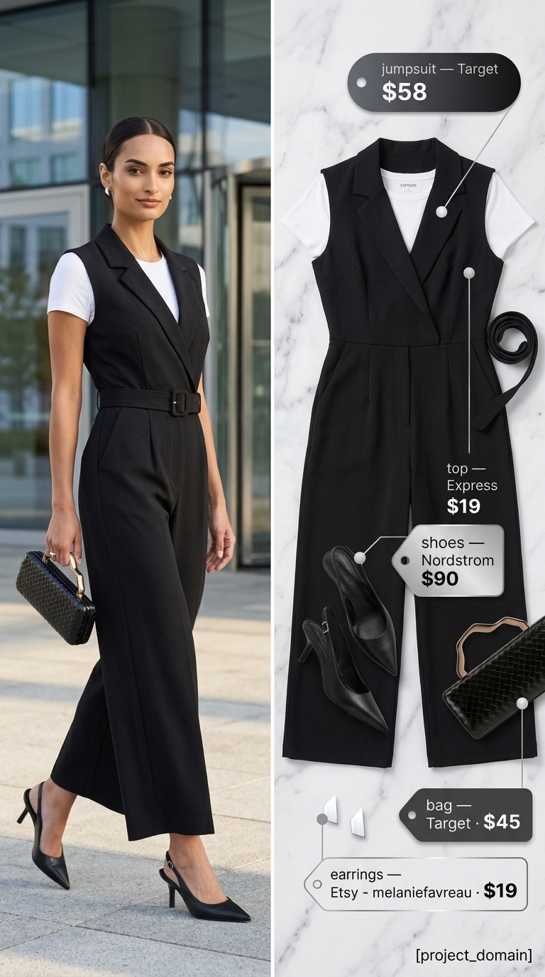 Charcoal gray jumpsuit and white tee for professional summer work outfits for women 2026.