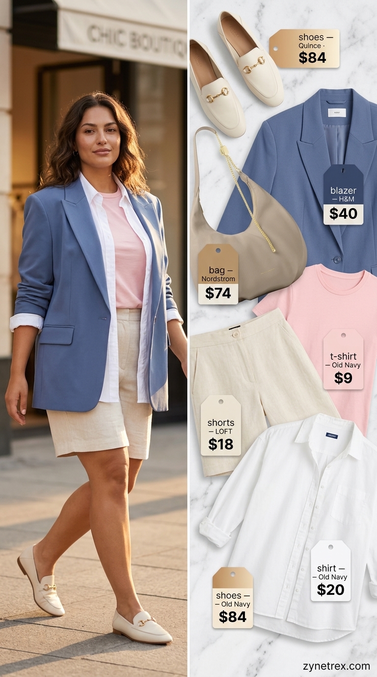 Professional summer work outfits for women 2026: Beige shorts, white shirt, light blue blazer for a relaxed office.