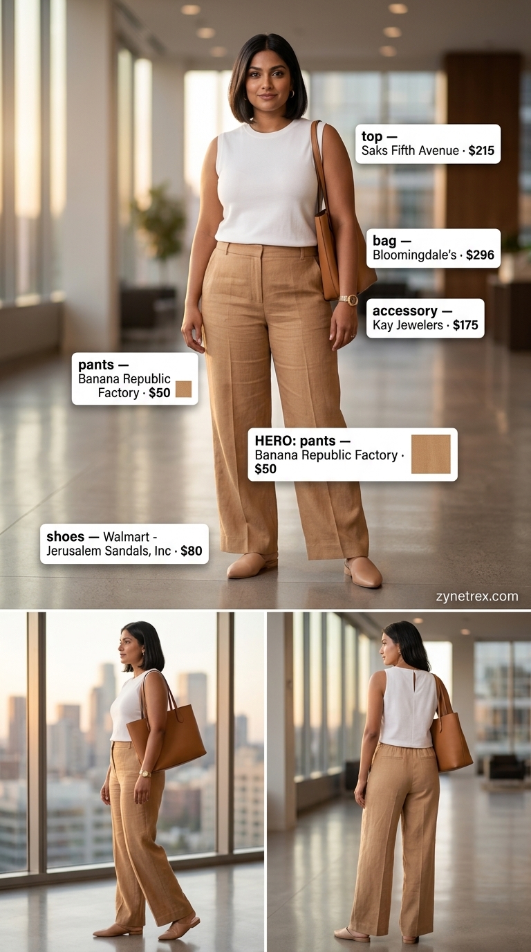 Tan linen trousers, white shell top, and brown leather mules for professional summer work outfits for women 2026.