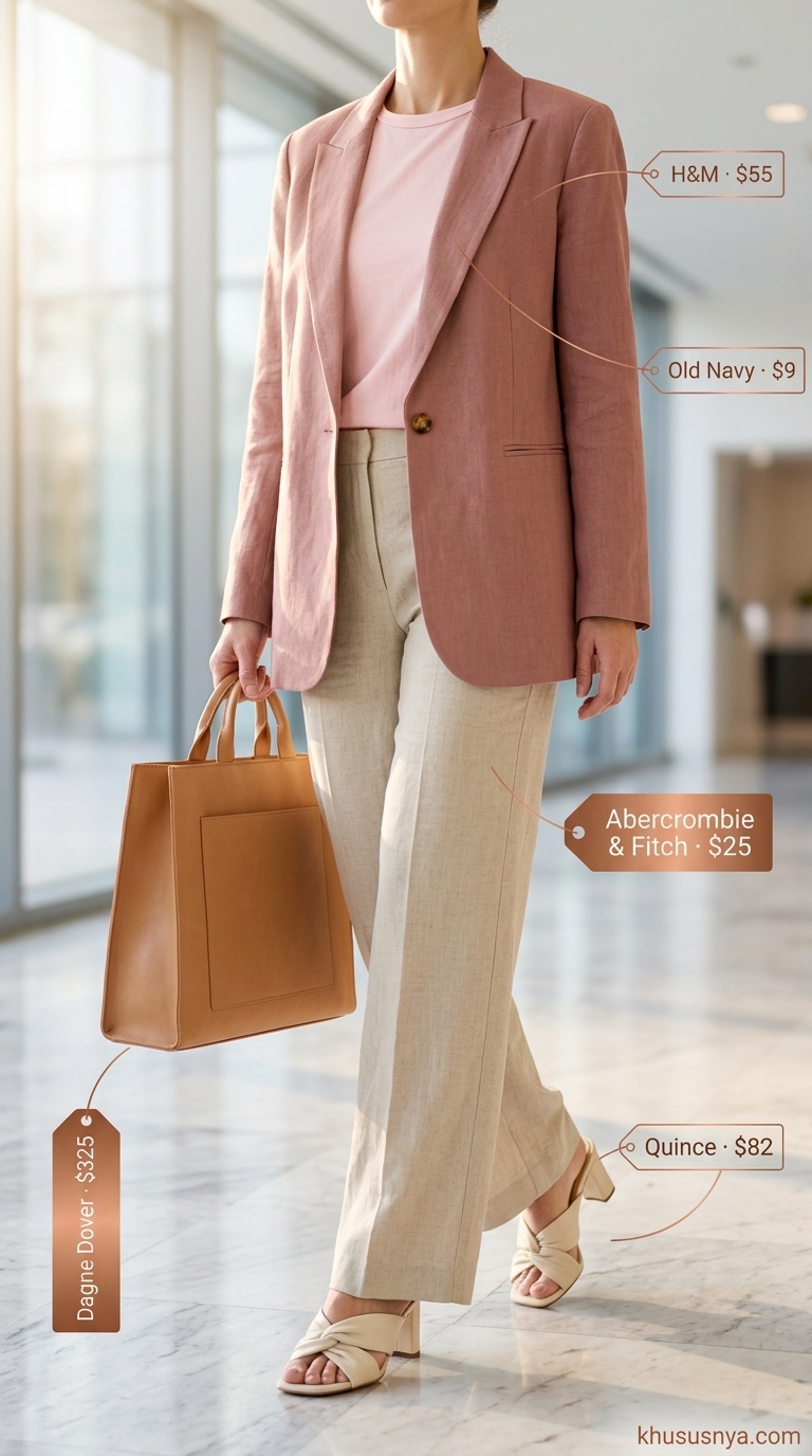 Professional summer work outfits for women 2026: White trousers, beige blazer, tan mules for a minimalist office.