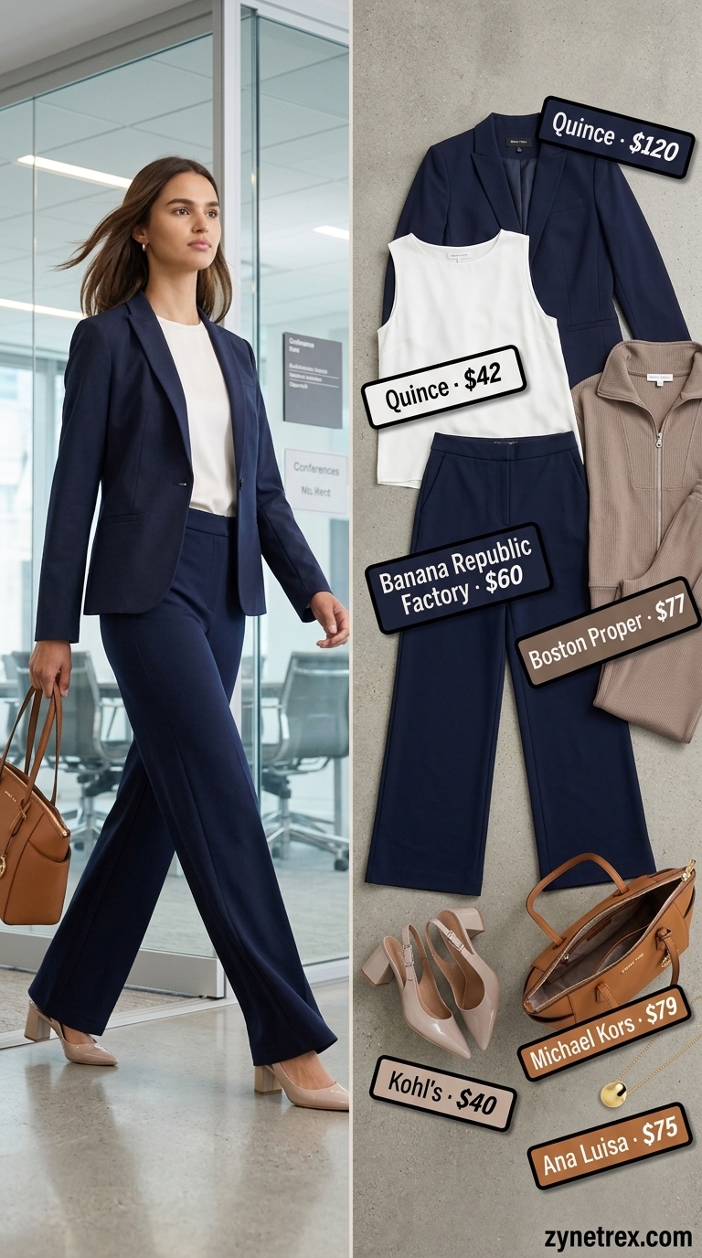 Professional summer work outfits for women 2026: Navy blazer, white shell top, tan wide-leg trousers.
