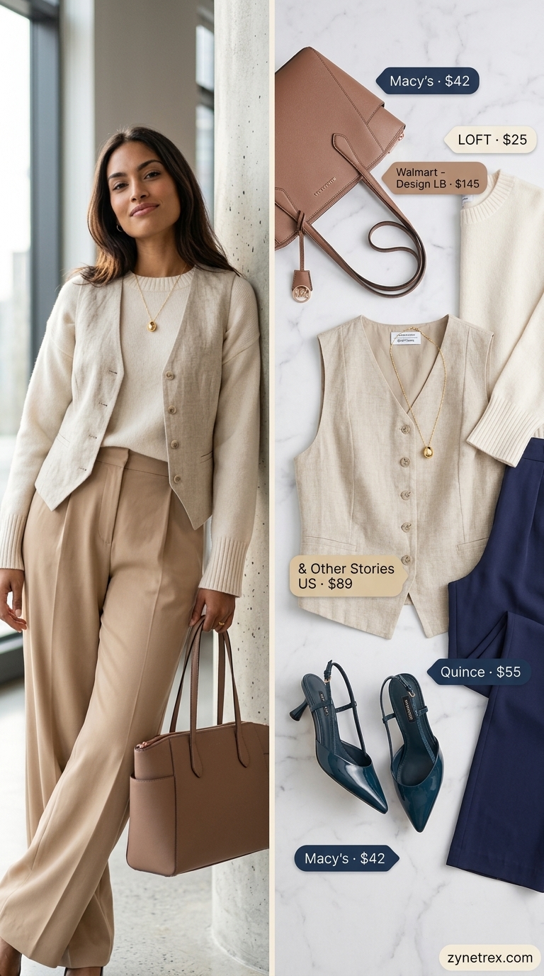 Navy blue wide-leg trousers, cream vest, and gold necklace for professional summer work outfits for women 2026.