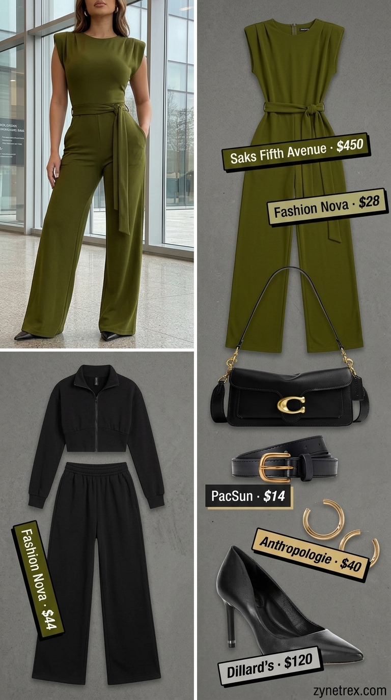 Professional summer work outfits for women 2026: Olive green jumpsuit, black belt, gold hoops.