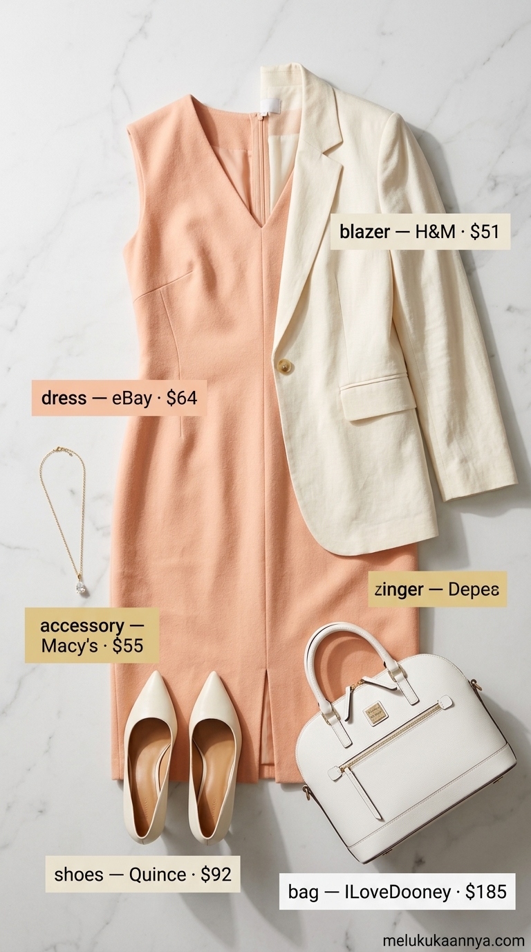 Soft peach sheath dress, cream blazer, and gold necklace for professional summer work outfits for women 2026.