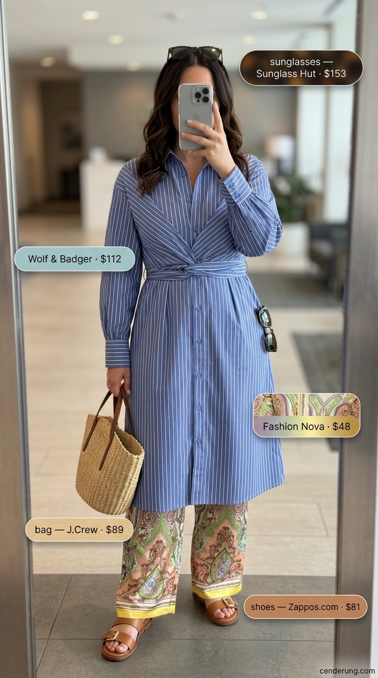 Professional summer work outfits for women 2026: Blue stripe shirtdress, tan slingbacks, straw tote for a chic look.