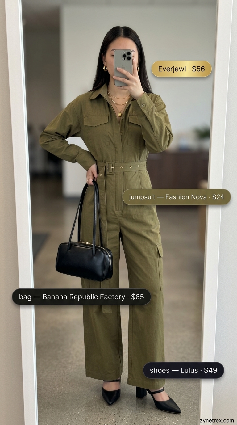 Olive green utility jumpsuit and gold earrings for professional summer work outfits for women 2026.