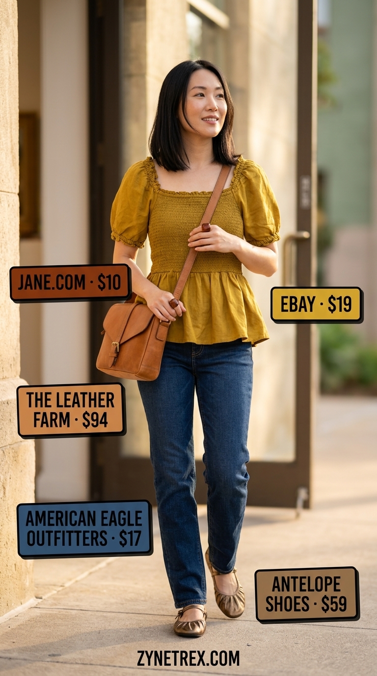 Artsy Puff Sleeve Blouse Style 2026 Mustard yellow puff sleeve summer blouse 2026 with dark wash jeans for an artsy afternoon look.