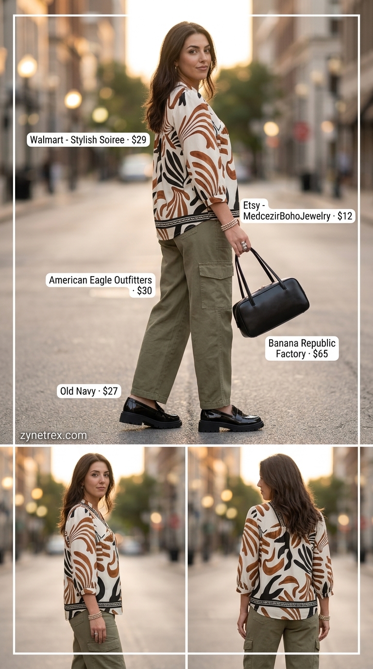 Eclectic Puff Sleeve Blouse Style 2026 Abstract print puff sleeve summer blouse 2026 with olive green cargo pants for city exploration.