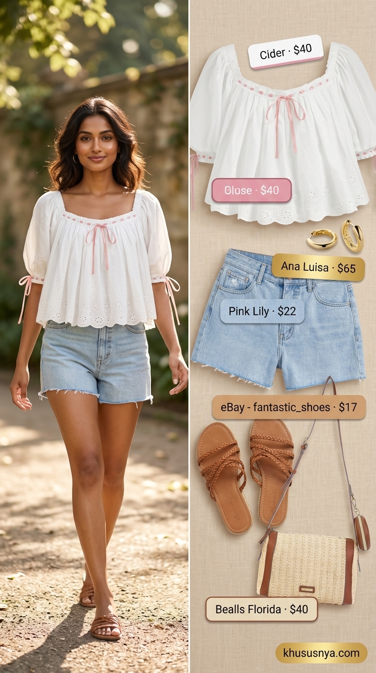 Bohemian Brunch Delight: Puff Sleeve Blouses 2026 Effortless white eyelet puff sleeve blouse with square neckline, paired with light wash denim shorts for brunch. Puff sleeve summer blouses 2026.