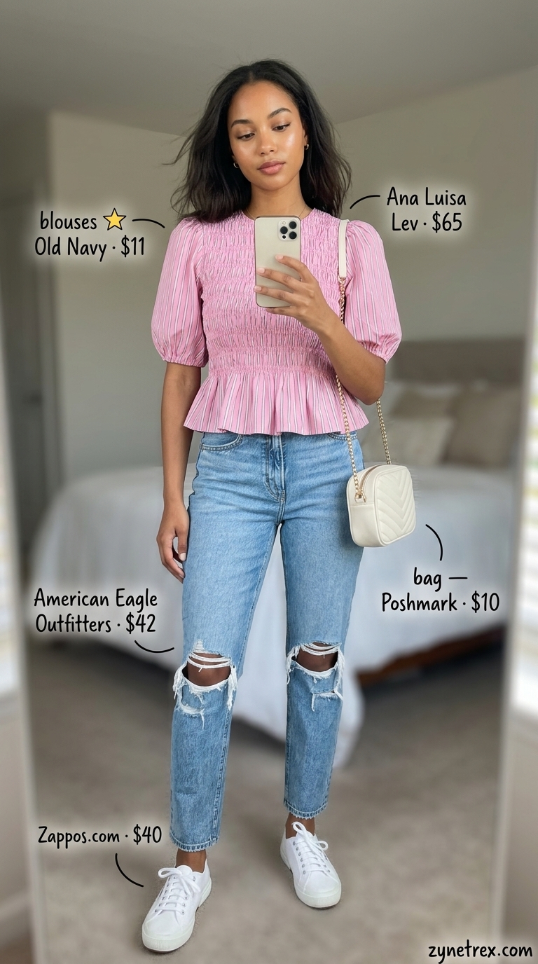 Casual Puff Sleeve Blouse Outfit 2026 Blush pink puff sleeve summer blouse 2026 paired with light wash mom jeans for a casual coffee date outfit.