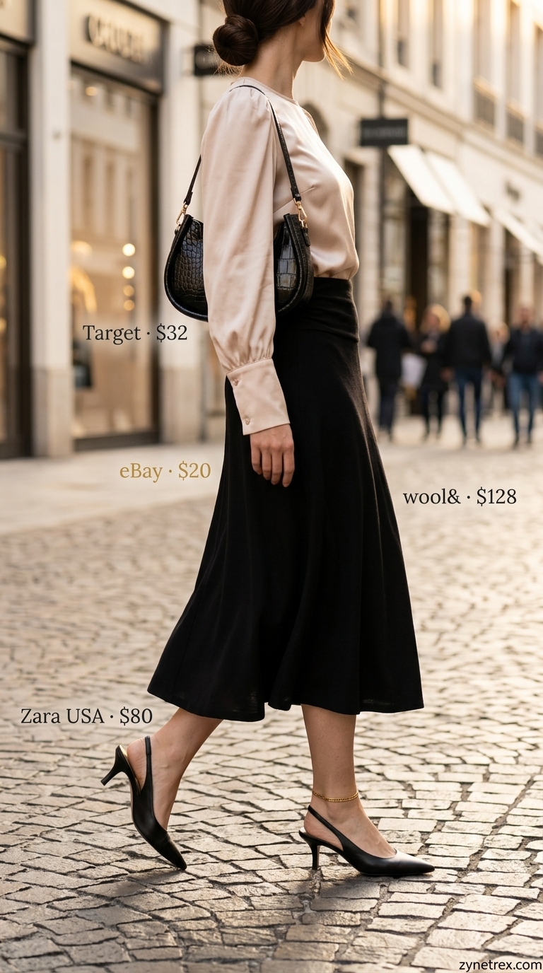 Sophisticated City Escape: Puff Sleeve Blouses 2026 Elegant beige silk puff sleeve blouse with crew neck paired with a black midi skirt for city exploration. Puff sleeve summer blouses 2026.