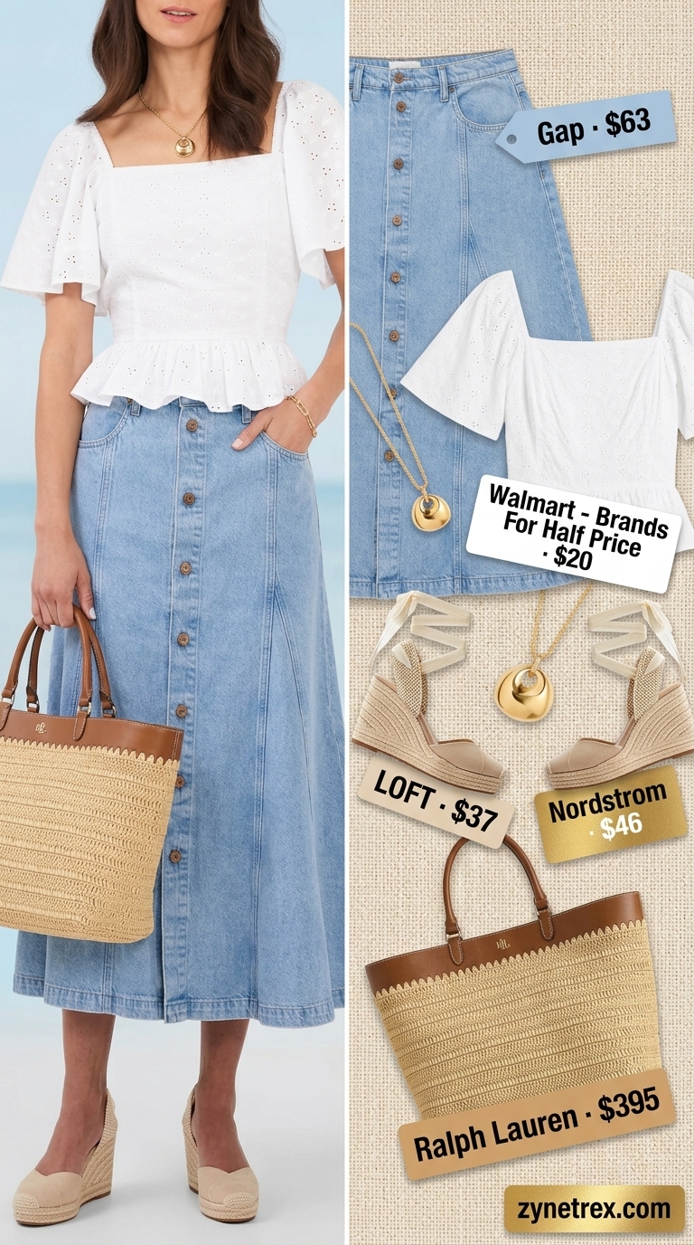 Feminine Puff Sleeve Blouses 2026: Coastal Brunch Coastal charm brunch outfit with white eyelet puff sleeve blouse and denim midi skirt for summer 2026.