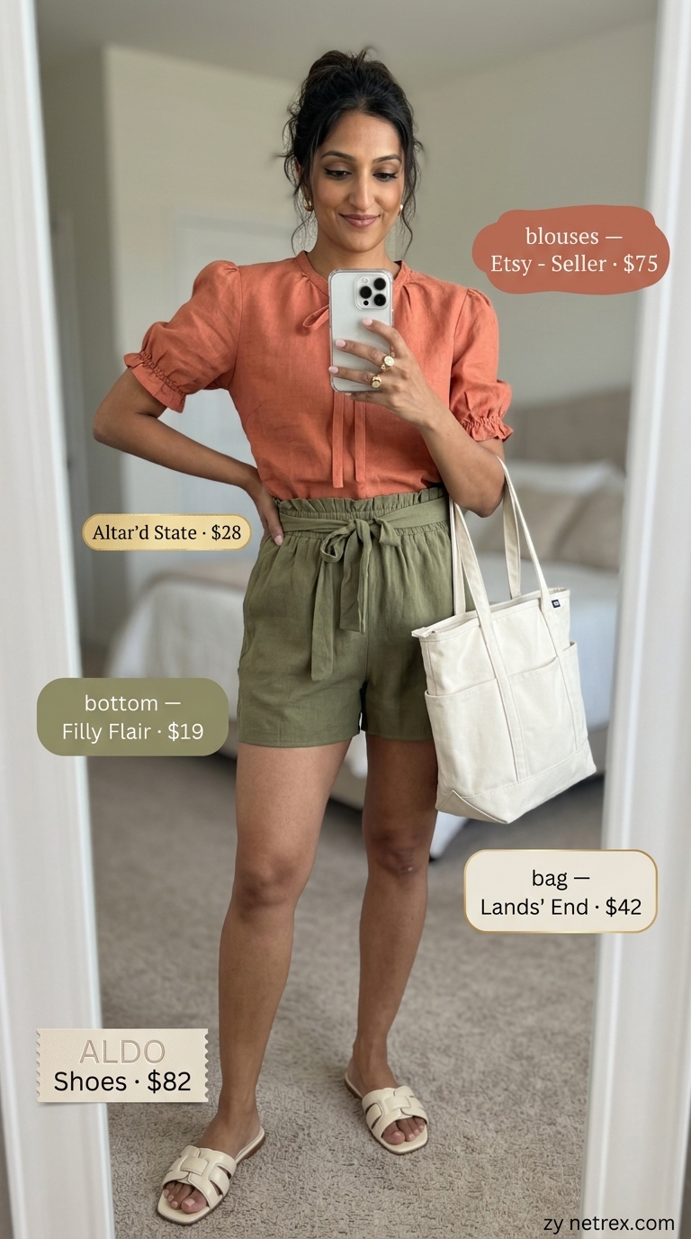 Market Morning Puff Sleeve Blouse 2026 Terracotta orange puff sleeve summer blouse 2026 with olive green paperbag shorts for a market morning.