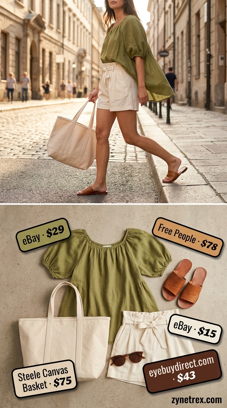 Earthy Puff Sleeve Blouse Style 2026 Olive green puff sleeve summer blouse 2026 with cream paper-bag shorts for a market explorer look.