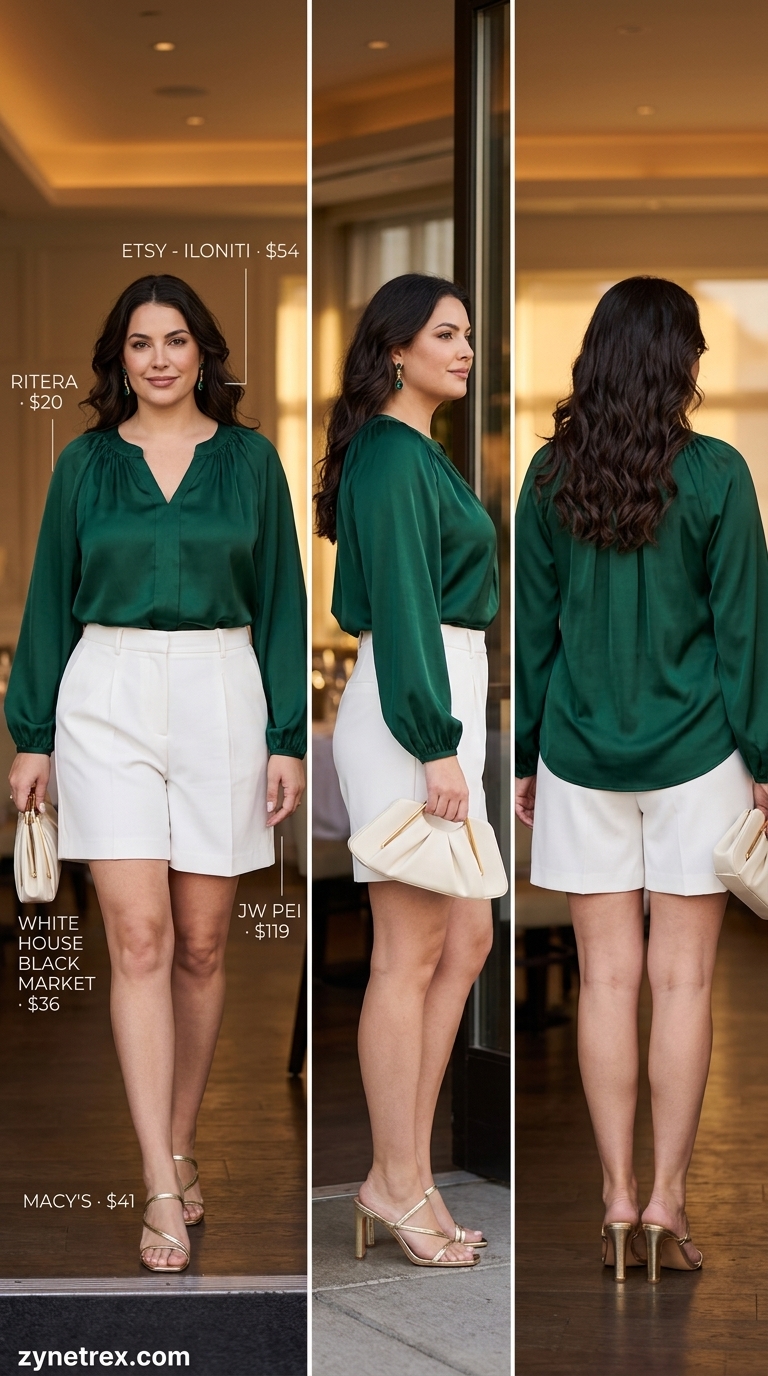 Emerald Evening Glamour: Puff Sleeve Blouses 2026 Glamorous emerald green satin puff sleeve blouse with V-neck, paired with cream tailored shorts for evening. Puff sleeve summer blouses 2026.