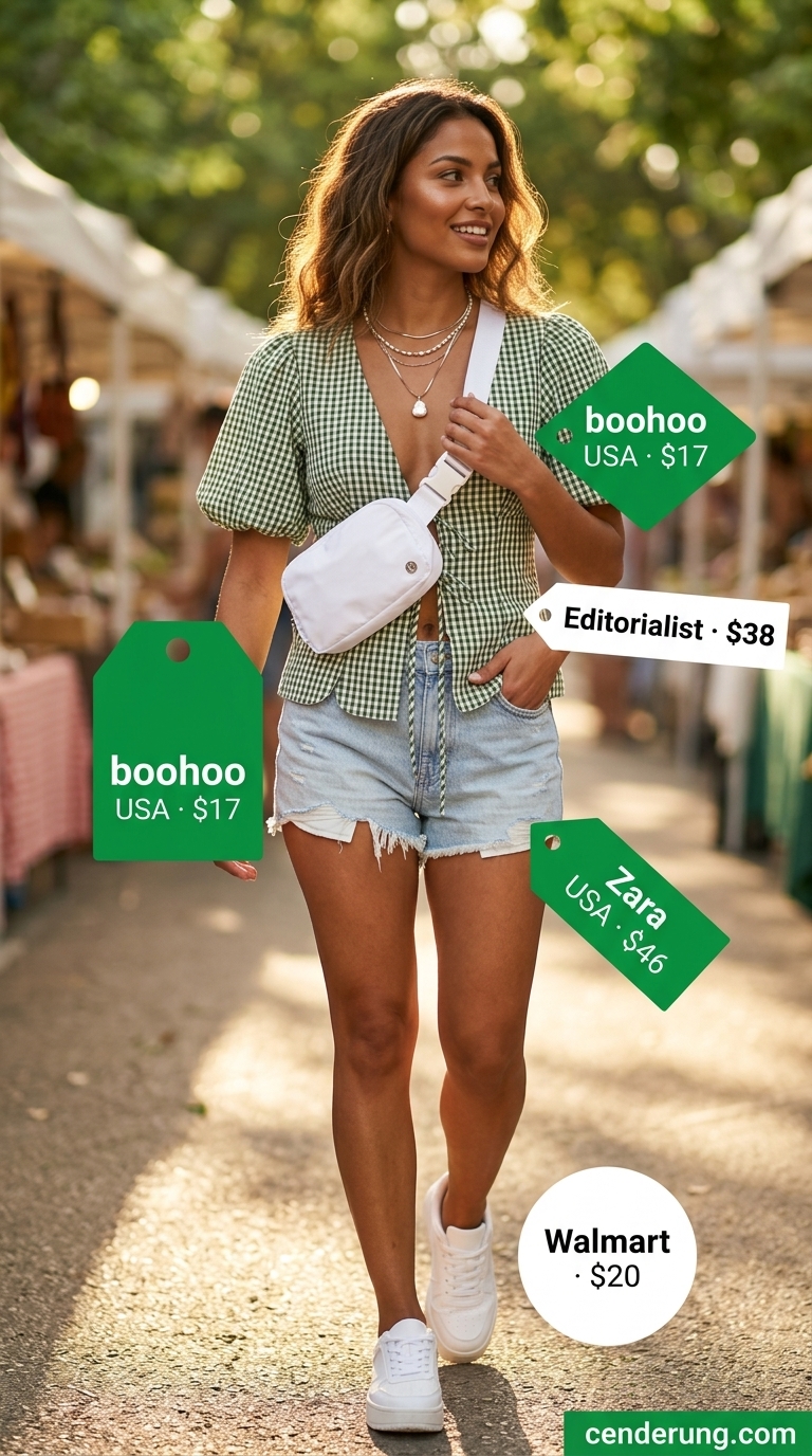 Festival Field Fun: Puff Sleeve Blouses 2026 Playful lavender gingham cropped puff sleeve blouse with tie front, paired with distressed denim shorts for a festival. Puff sleeve summer blouses 2026.