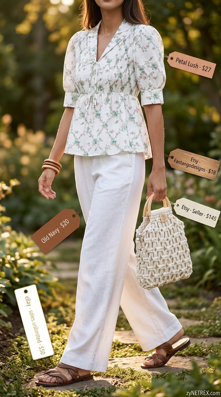 Boho Garden Brunch: Puff Sleeve Blouses 2026 Vibrant multi-floral puff sleeve blouse with V-neck, paired with white linen wide-leg pants for garden brunch. Puff sleeve summer blouses 2026.