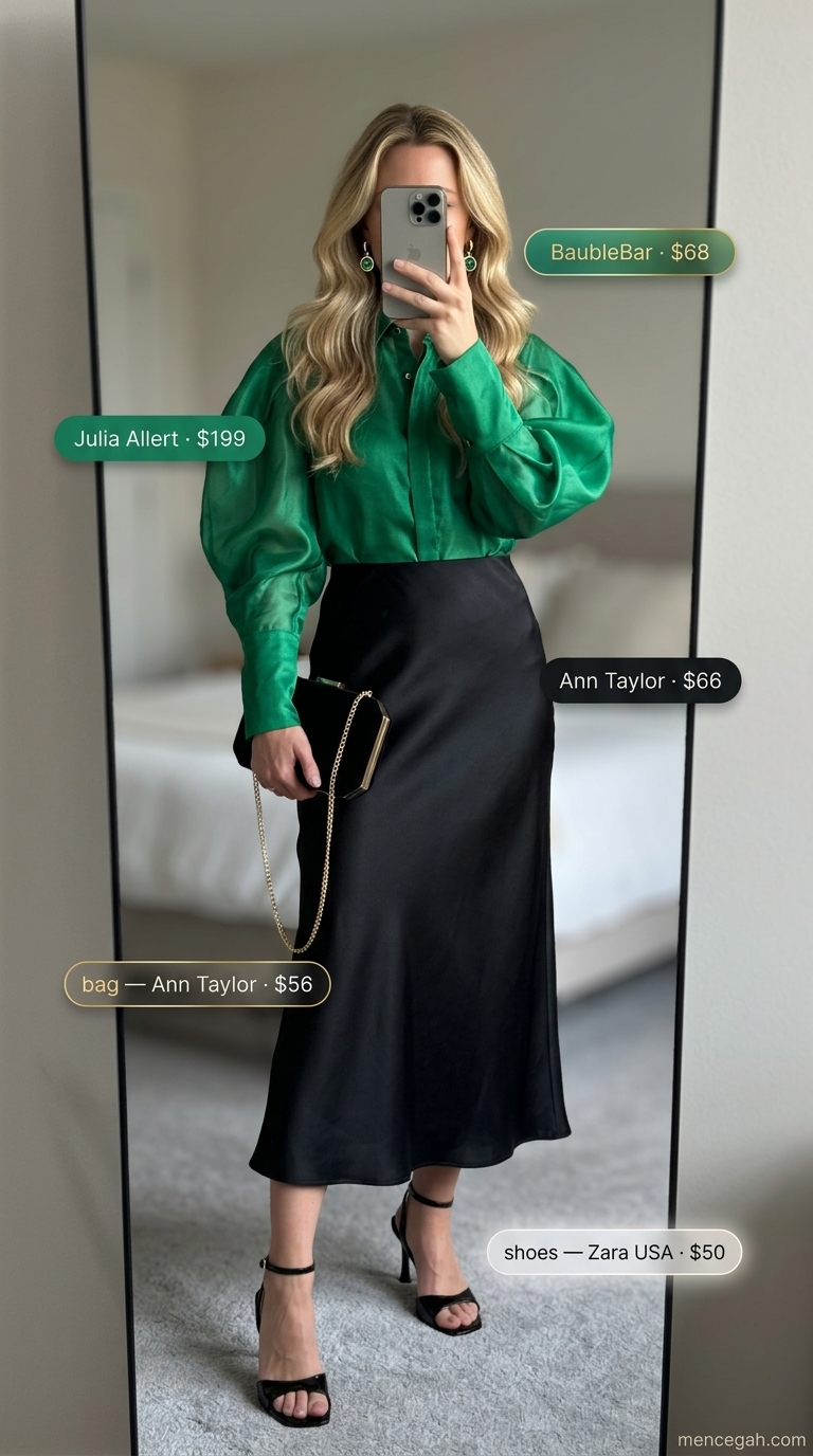 Glamorous Puff Sleeve Blouses 2026: Evening Rendezvous Glamorous evening rendezvous outfit with emerald green sheer puff sleeve blouse and satin skirt for summer 2026.
