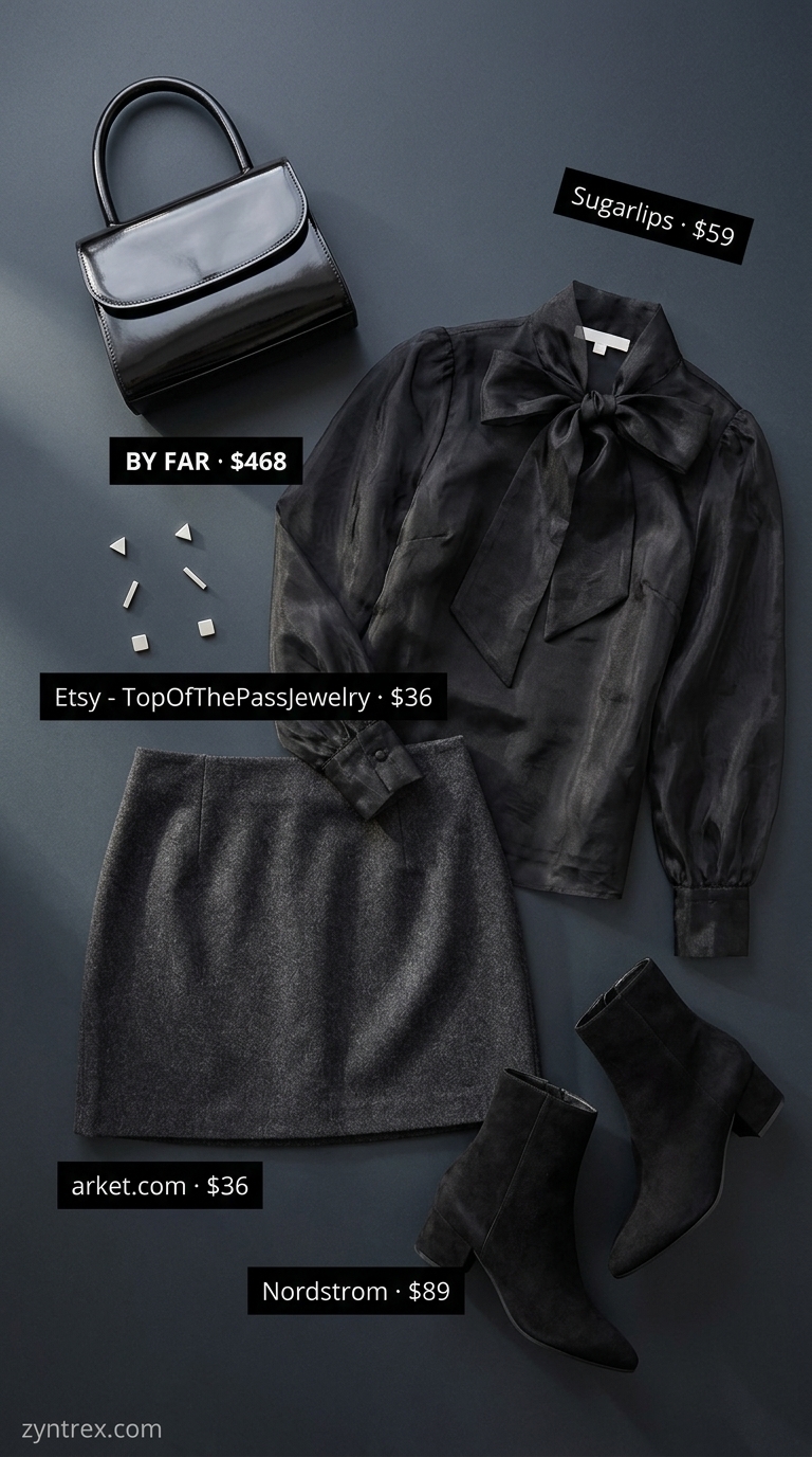 Cocktail Ready Puff Sleeve Blouse 2026 Black sheer organza puff sleeve summer blouse 2026 with a charcoal grey mini skirt for cocktails.