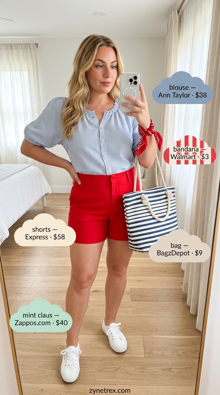 Nautical seaside escape outfit with navy & white striped puff sleeve blouse and red shorts for summer 2026.