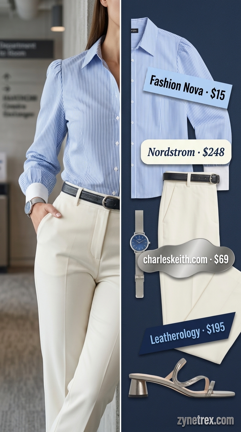 Office Chic Puff Sleeve Blouse 2026 Navy pinstripe puff sleeve summer blouse 2026 with tailored cigarette pants for the office.