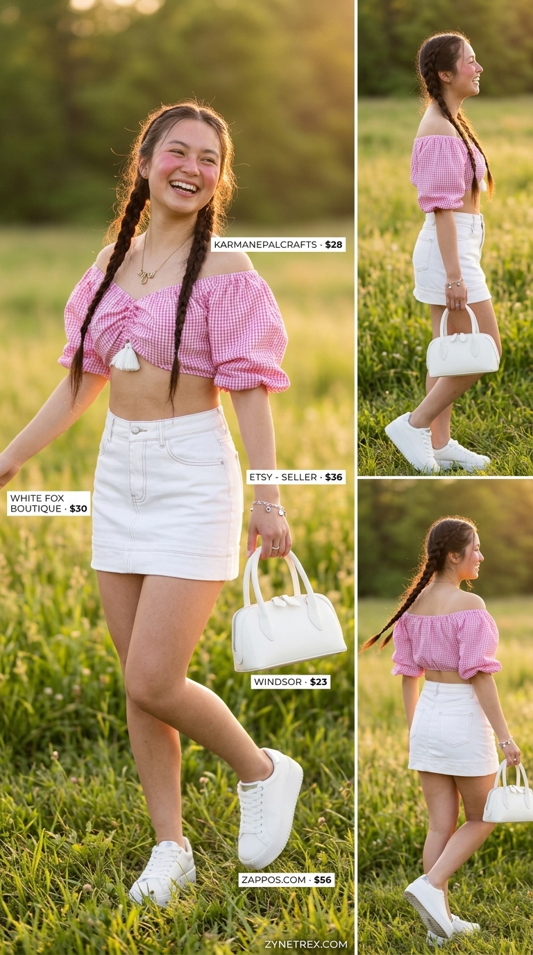 Sweet Picnic Date: Puff Sleeve Blouses 2026 Sweet pastel pink gingham puff sleeve crop top blouse with smocked bodice, paired with white denim mini skirt for a picnic date. Puff sleeve summer blouses 2026.
