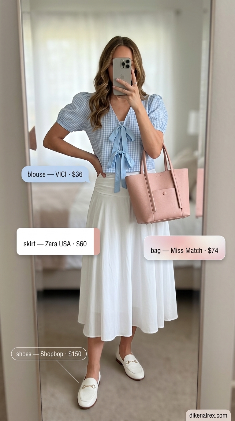 Picnic in the Park: Puff Sleeve Blouses 2026 Charming light blue gingham puff sleeve blouse with tie-front, paired with white midi skirt for a picnic. Puff sleeve summer blouses 2026.