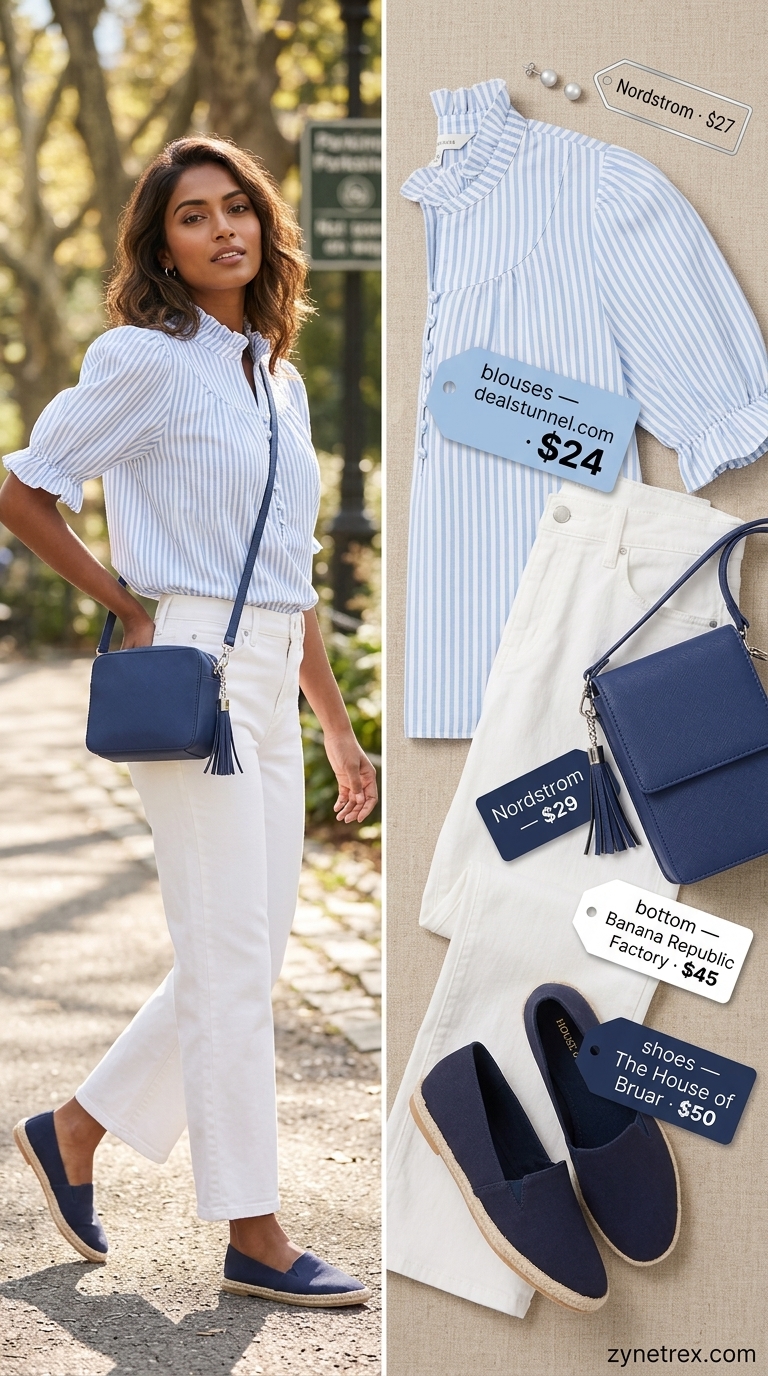 Preppy Puff Sleeve Blouses 2026: Lakeside Lunch Preppy lakeside lunch outfit with light blue striped puff sleeve blouse and white jeans for summer 2026.