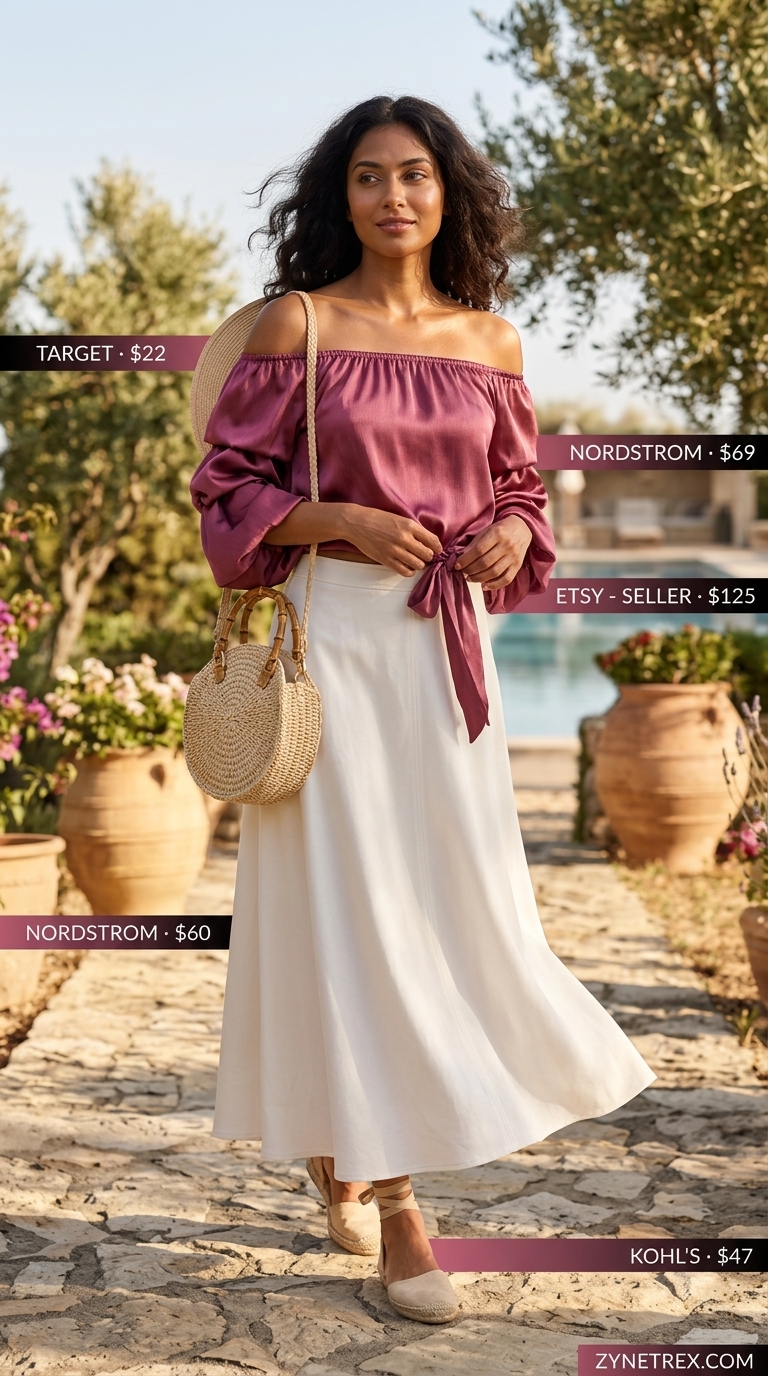 Resort Sunset Dinner: Puff Sleeve Blouses 2026 Luxurious tangerine orange satin off-shoulder puff sleeve blouse with ivory maxi skirt for resort sunset dinner. Puff sleeve summer blouses 2026.