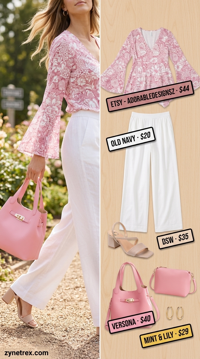 Romantic Puff Sleeve Blouses 2026: Garden Party Romantic garden party outfit with floral puff sleeve blouse and white wide-leg trousers for summer 2026.