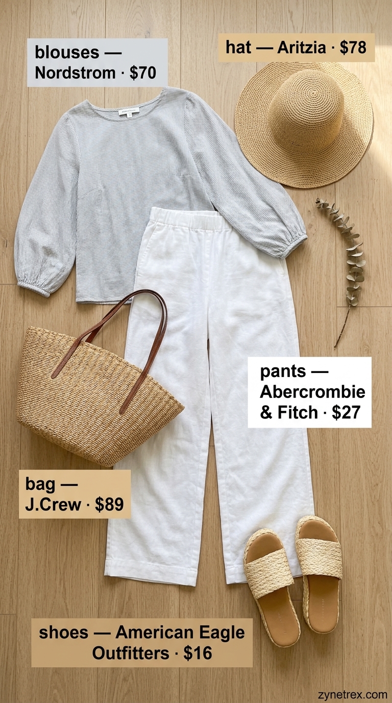 Seaside Chic Puff Sleeve Blouse 2026 Navy and white striped puff sleeve summer blouse 2026 with white linen pants for a seaside lunch.