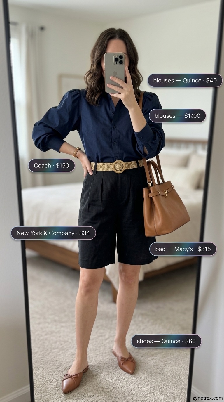 Polished Puff Sleeve Blouses 2026: Smart Office Smart summer office outfit with navy poplin puff sleeve blouse and beige Bermuda shorts for 2026.