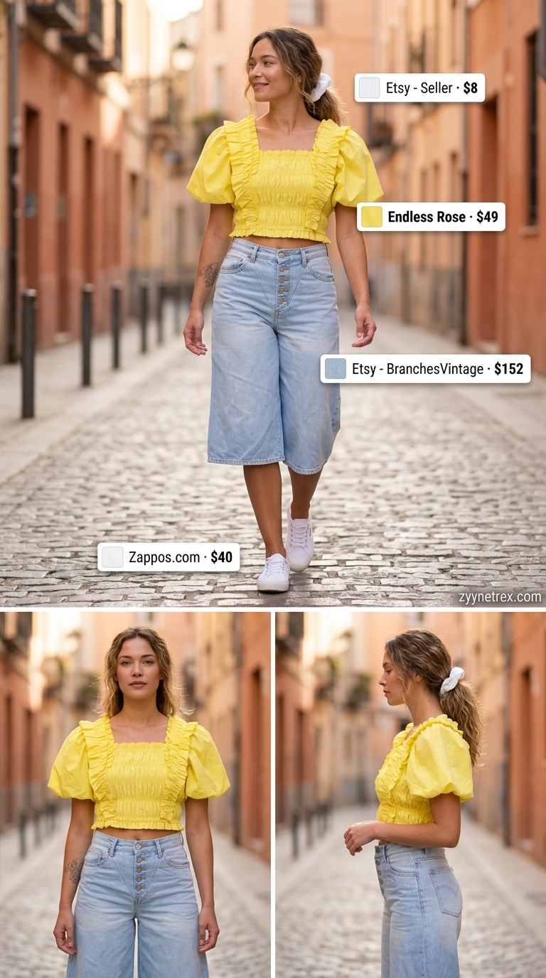 Sunny Day Puff Sleeve Blouse 2026 Bright yellow puff sleeve summer blouse 2026 with light wash denim culottes for a sunny day out.
