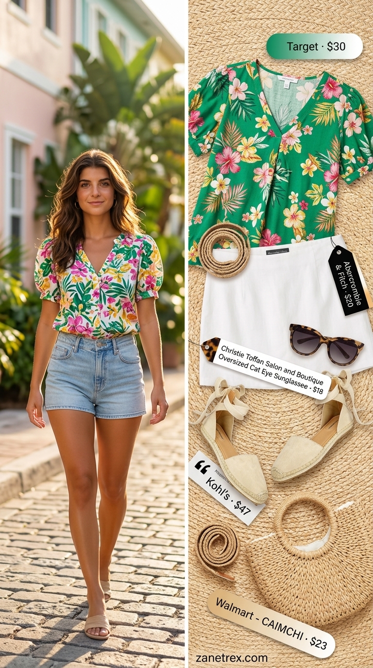 Tropical Resort Getaway: Puff Sleeve Blouses 2026 Vibrant tropical floral puff sleeve blouse with V-neck, paired with white linen skirt for a resort getaway. Puff sleeve summer blouses 2026.