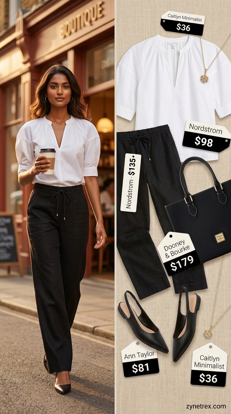 Sophisticated Puff Sleeve Blouses 2026: Office Chic Urban chic summer office outfit with white poplin puff sleeve blouse and black linen pants for 2026.